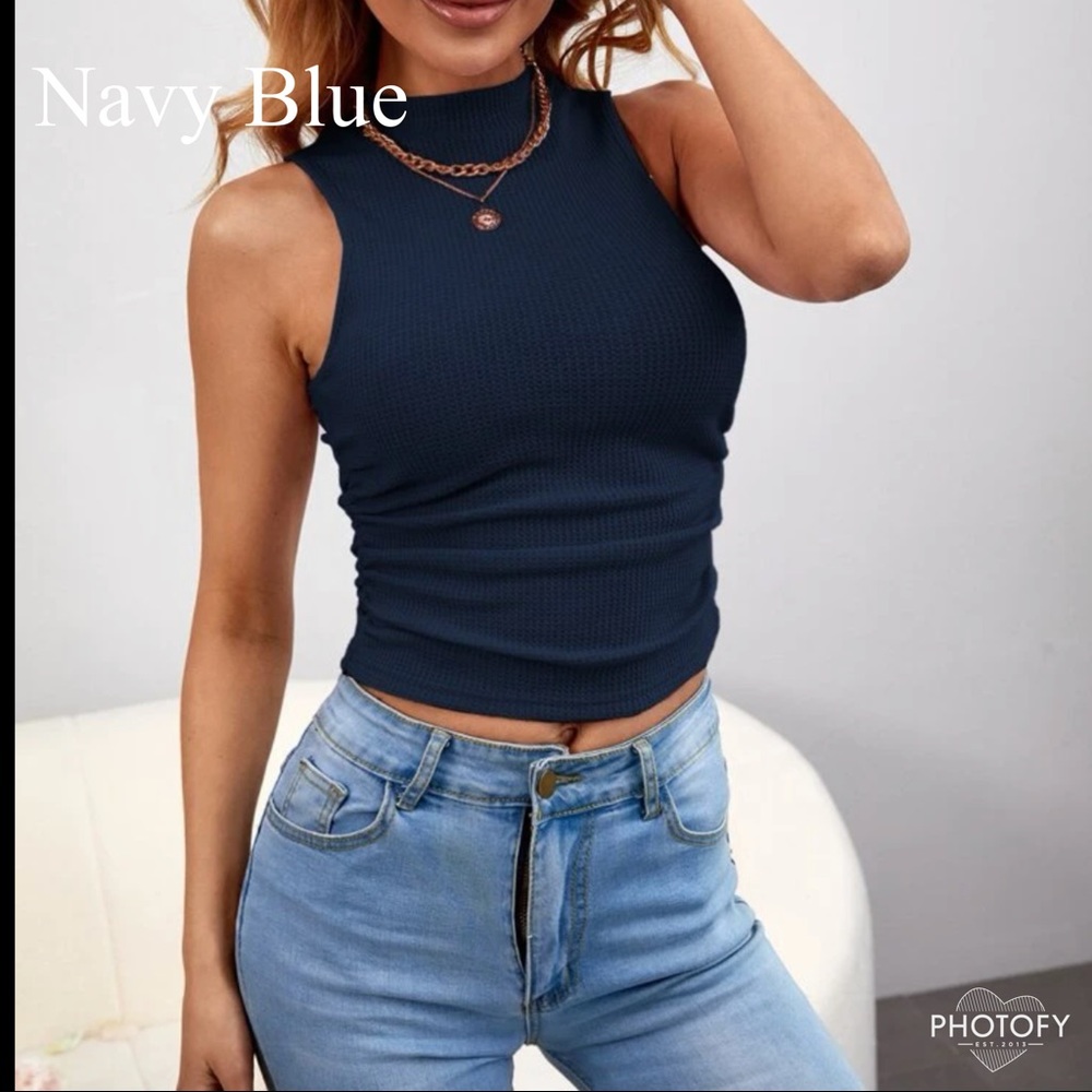 Casual Mock Neck Waffle Ruched sides Knit Tank Top - Picture 6 of 15